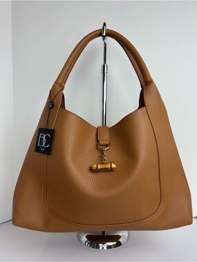 BC Bags Women's Handbag Tote PU Pebbled Camel Removable Pouch Double Handle NWT